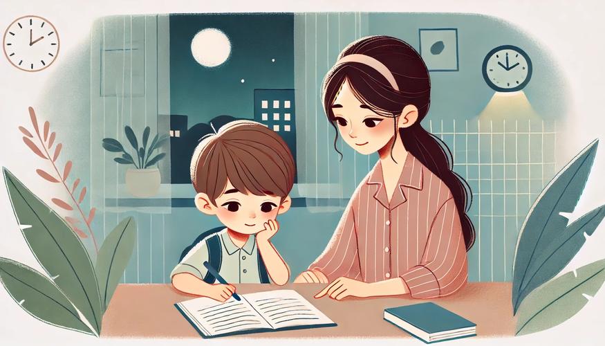 妈妈辅导女孩写作业,AI图绘出温馨励志画面!